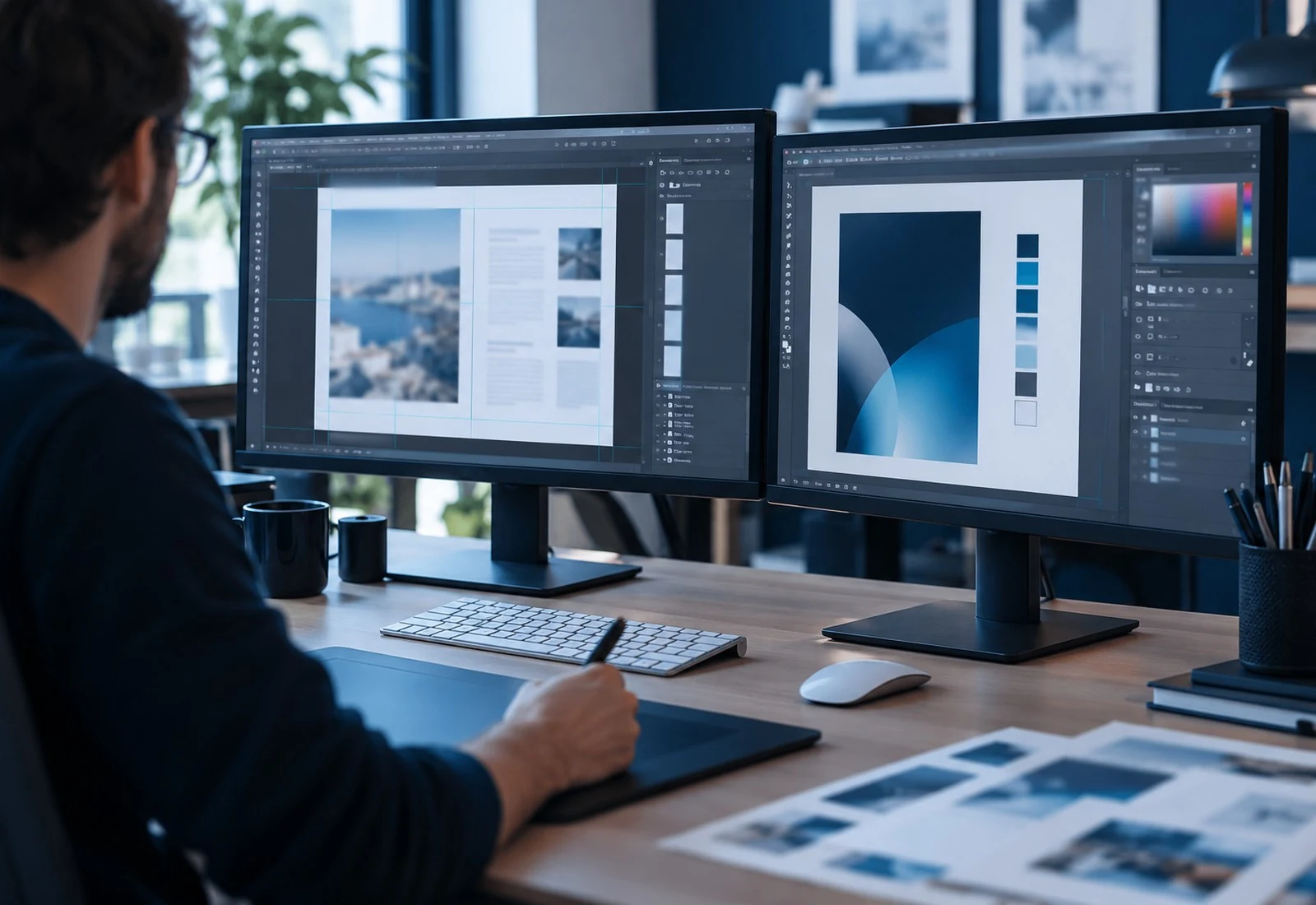Fichiers InDesign et Adobe ouverts sur un poste de travail