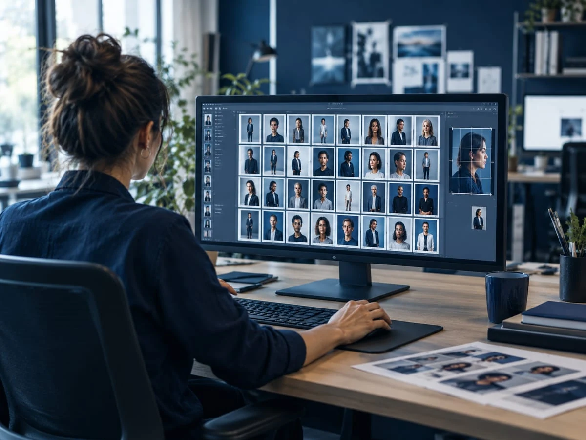 Designer passant en revue une planche de portraits sur écran