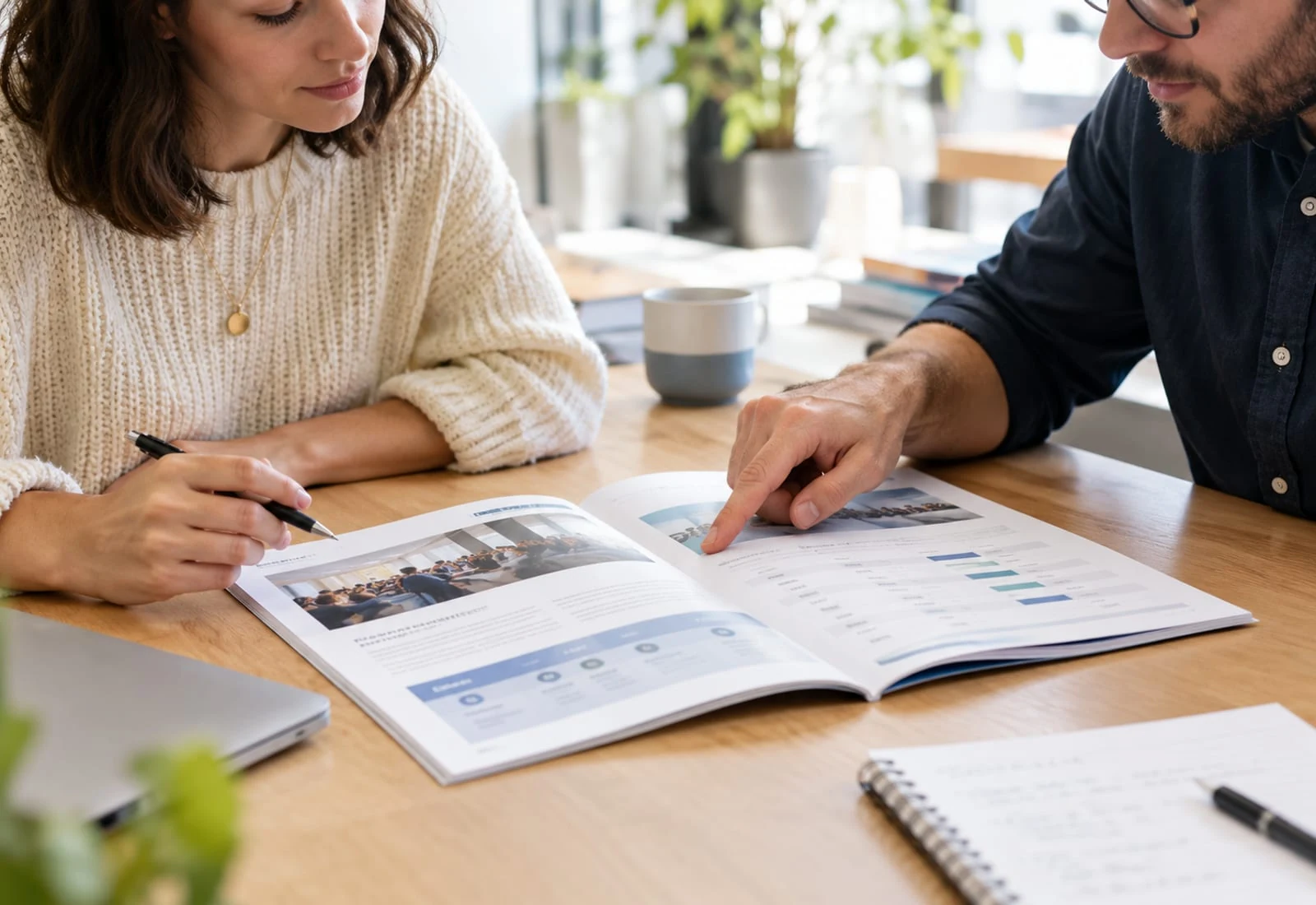 Deux personnes consultant un rapport imprimé avec des graphiques