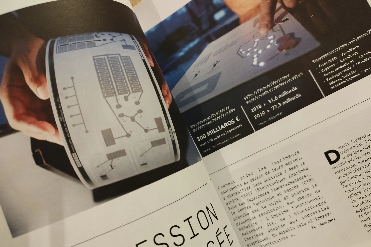 Double page de magazine imprimé avec infographies techniques