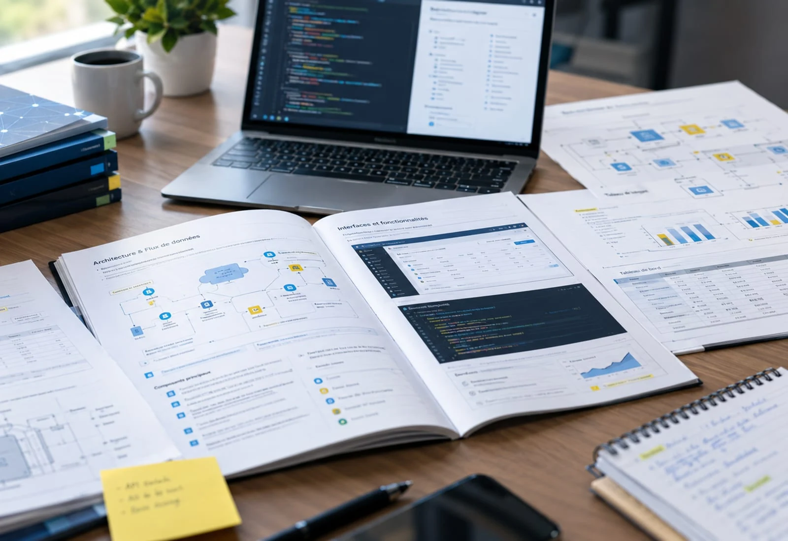 Piles de guides techniques imprimés à côté d'un ordinateur