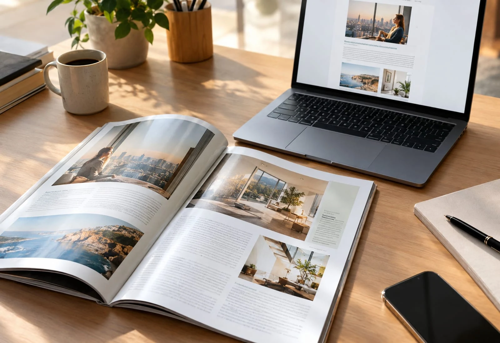 Magazine imprimé ouvert à côté d'un ordinateur portable